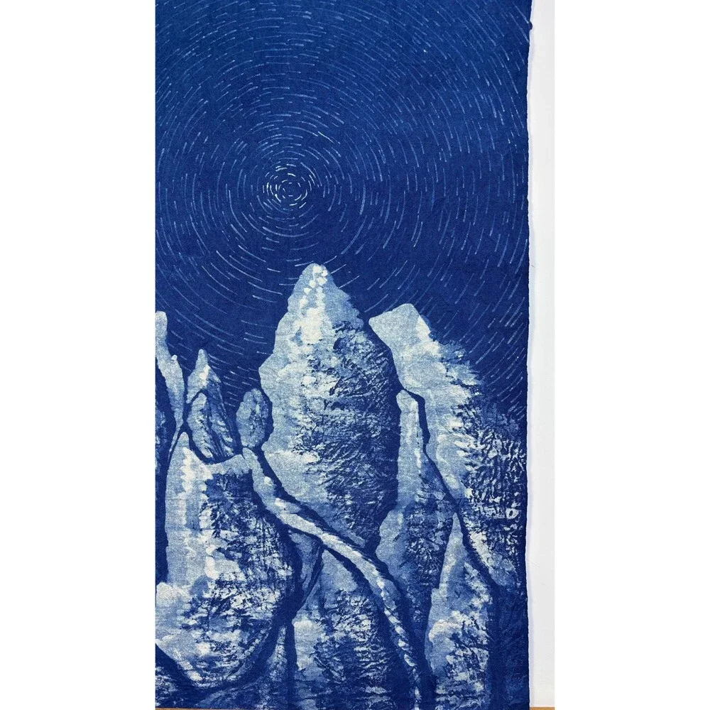 Star Trail Mountain Wall Art | Handmade Indigo Batik Tapestry | Astronomy Gift